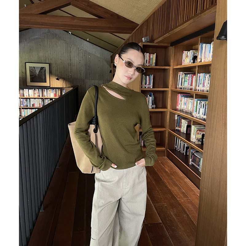 秋季飘带修身显瘦长袖羊毛打底衫