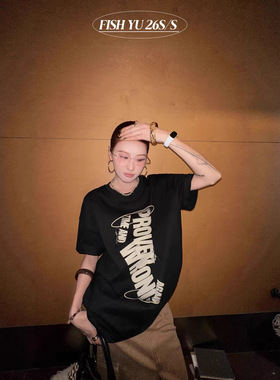 FISHYU夏季新款原宿风ins复古印花立体拉链装饰短袖t恤女小众上衣