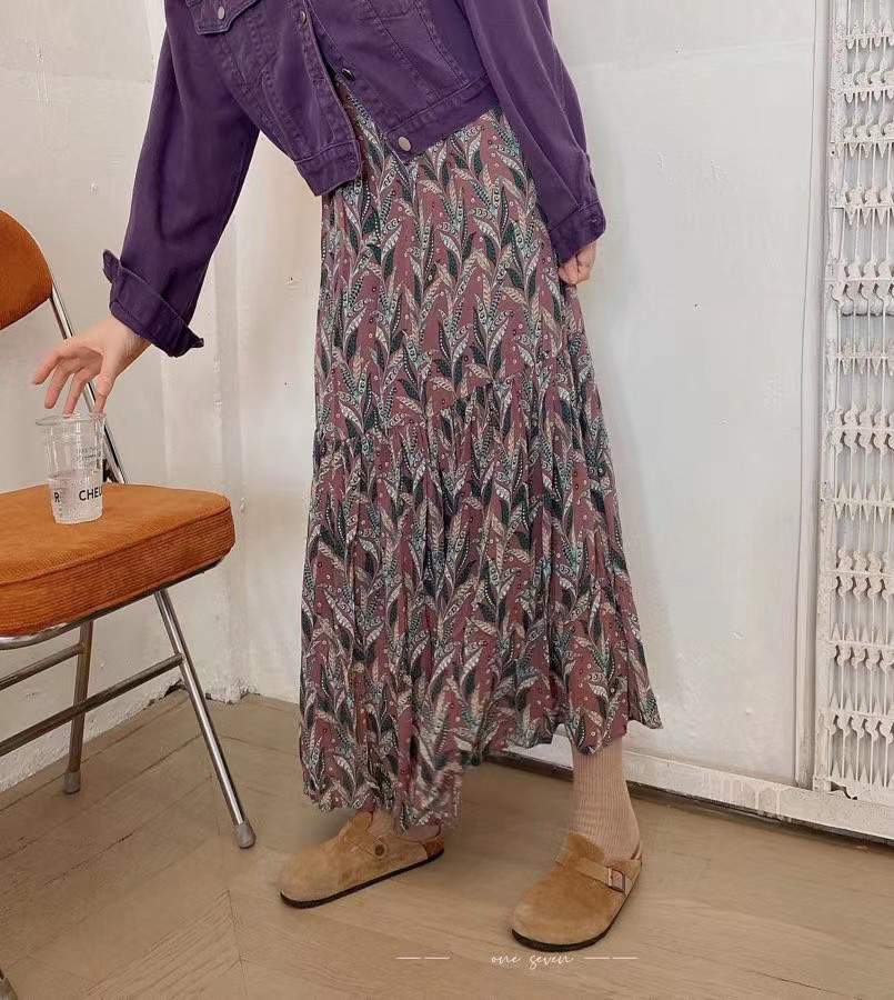 ONESEVEN春夏2024年新款中长款半身裙森系树叶雪纺碎花群大摆A字