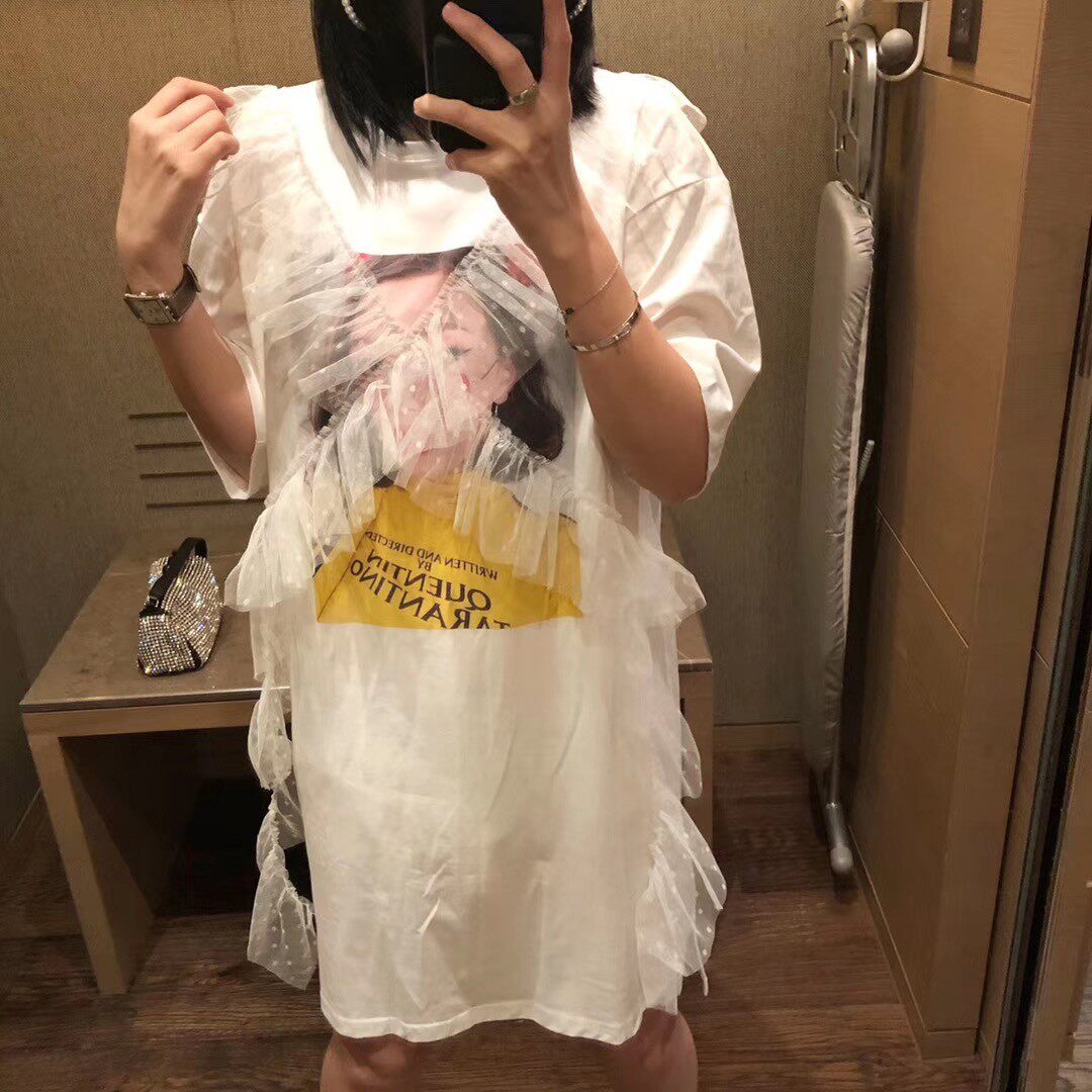 2024年新款木耳边蕾丝拼接连衣裙中长款韩版洋气宽松t恤裙女港味