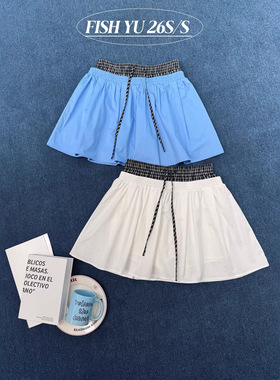 FISHYU夏季2026新款韩版拼接格纹双腰头设计感百搭A字短裙半身裙