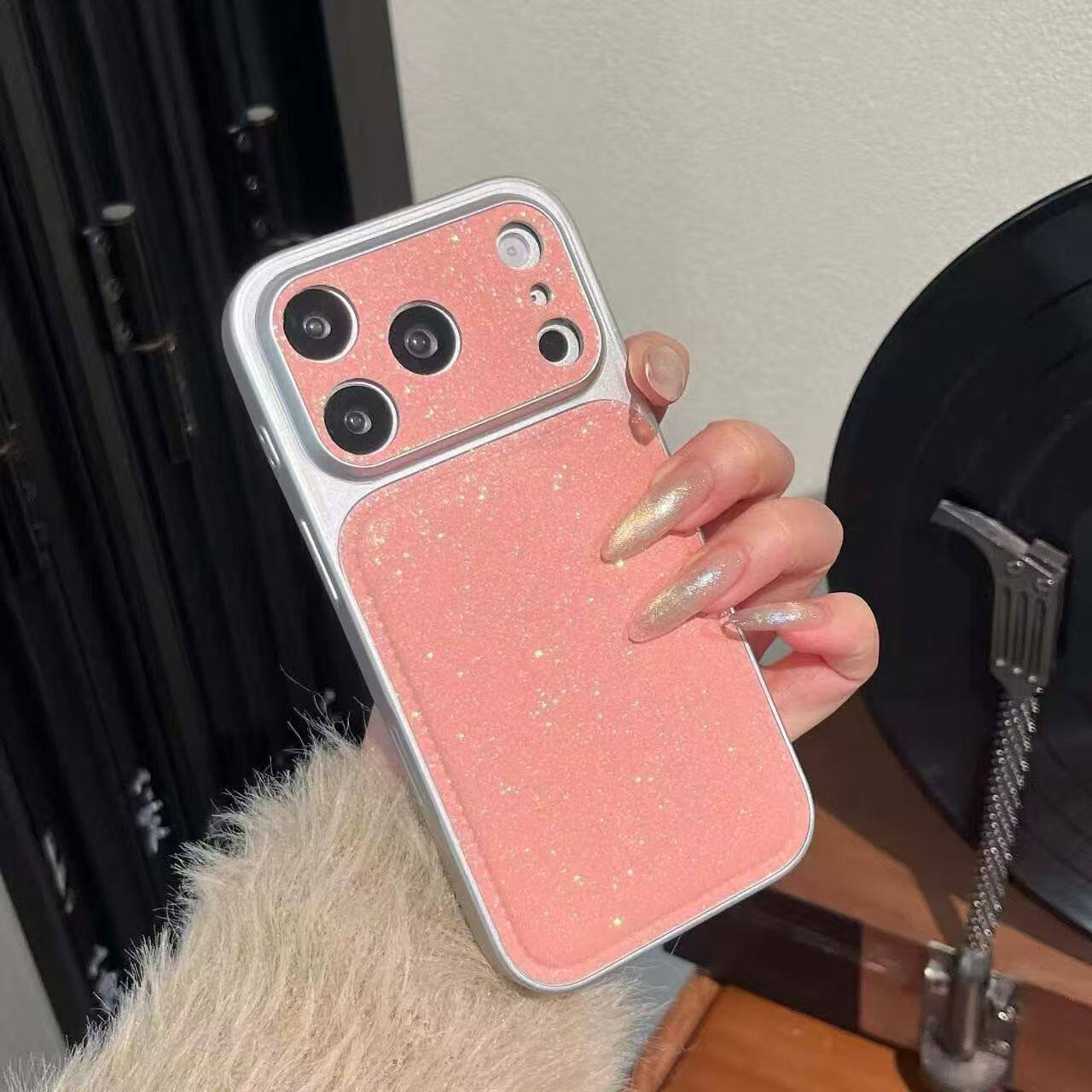 秒变大视窗轻奢闪粉皮纹适用苹果17pro手机壳新款iphone16promax高级感15创意小众14pro保护套全包时尚少女风