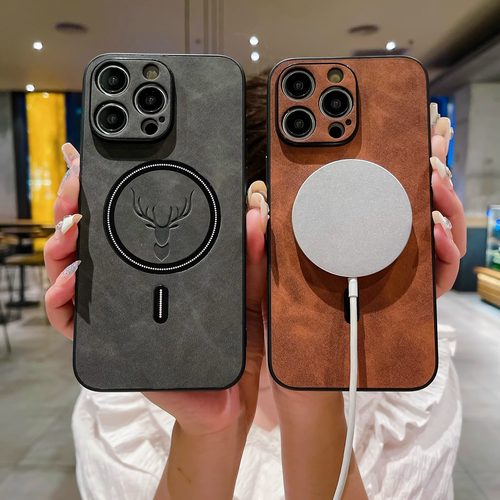 鹿头翻毛皮磁吸适用苹果15promax手机壳新款13pro无线充电iphone11商务12promax防摔11防滑xr亲肤磨砂14plus