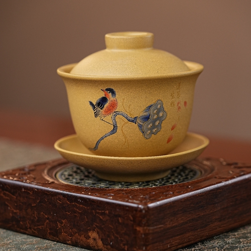 宜兴紫砂盖碗茶杯家用功夫泡茶器手工紫砂三才敬茶碗大号180ml