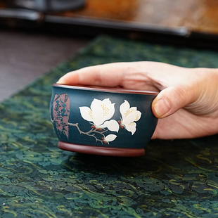 宜兴正宗紫砂紫泥粉浆苏门答腊青金玉满堂玉兰花纯手工手绘泥绘
