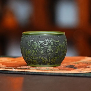 宜兴原矿紫砂陶瓷全手工精美制作绿泥五牛图主人杯十二生肖大容量