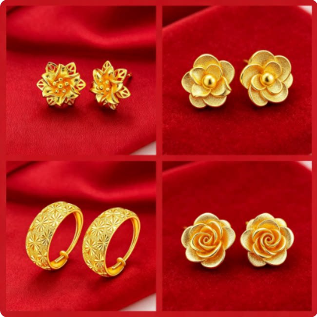 沙金高保色铜镀金百合花满天星耳环芙蓉花耳钉玫瑰花气质小众女