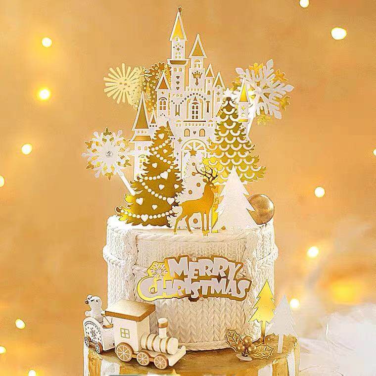 圣诞节烘焙蛋糕装饰 白金星星双层圣诞麋鹿树亚克力雪花字母插件