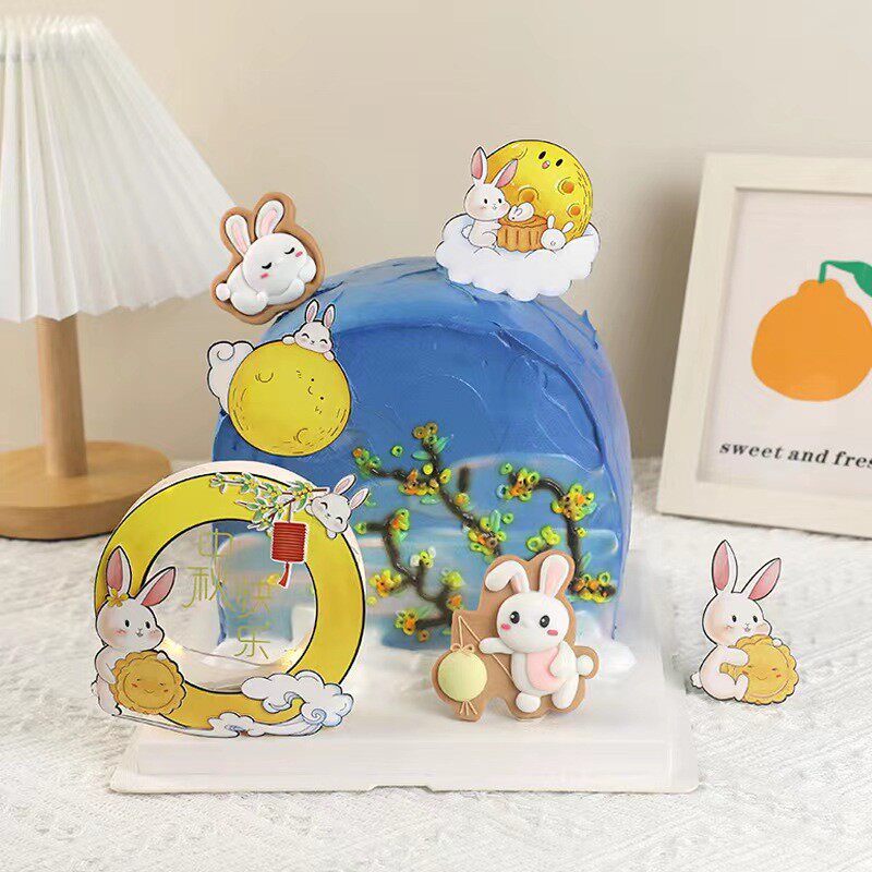 烘焙蛋糕装饰摆件网红中秋软陶灯笼小兔子花好月圆节日插卡插件件