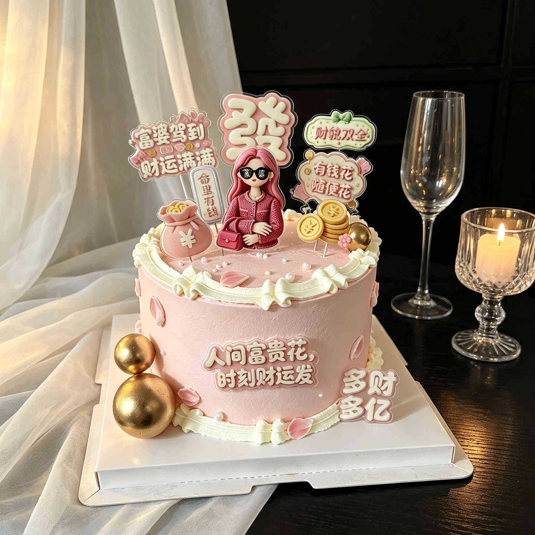 网红富婆蛋糕装饰摆件女神多财多亿人间富贵花亚克力节日装扮用品