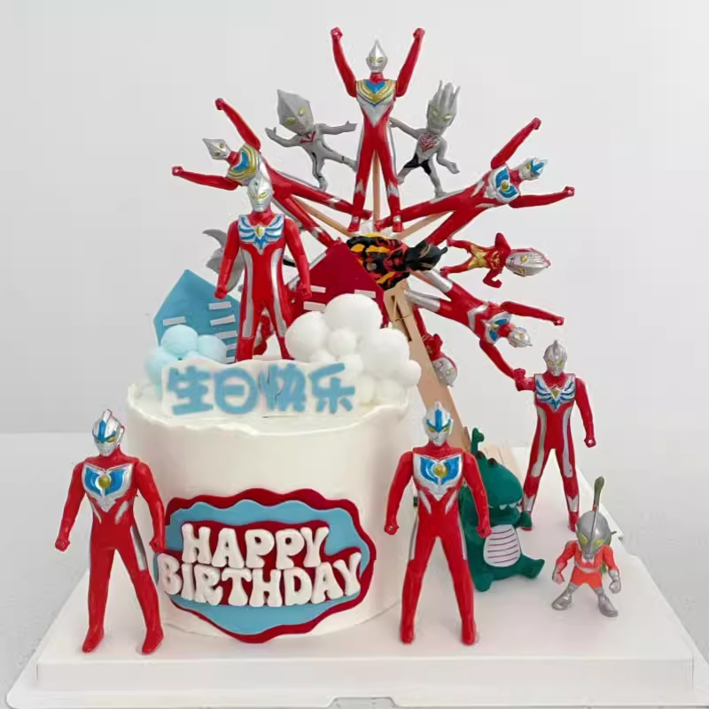 卡通奥特曼蛋糕装饰摆件创意电动木质摩天轮儿童生日甜品台装扮