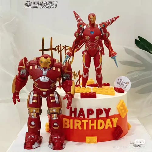 网红帅气男孩生日蛋糕装饰复仇联盟反浩克钢铁侠机器人手办摆件