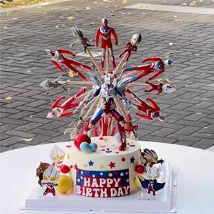 网红卡通奥特曼赛罗机甲蛋糕装饰摆件男孩生日旋转摩天轮插件