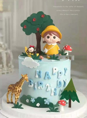 烘焙蛋糕装饰儿童生日插件黄色帽子背包小公主小萌萌女孩蛋糕摆件