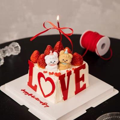 2.14情人节软胶修狗蛋糕装饰摆件镂空爱心红色LOVE亚克力情侣摆件