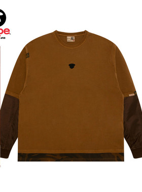 Aape旗舰店男装秋冬猿人刺绣拼接假两件长袖T恤1735XXP