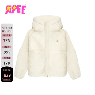 APEE女装秋冬心型刺绣徽章拼接绒面连帽外套F115A5P