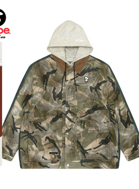 Aape男装春秋猿人徽章字母刺绣迷彩拼接牛仔连帽夹克外套7629NXL