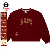 Aape旗舰店女装 秋冬复古校园风字母印花红色薄绒圆领卫衣D324XXP