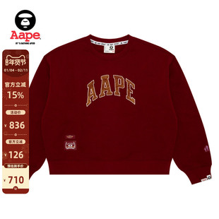 Aape旗舰店女装秋冬复古校园风字母印花红色薄绒圆领卫衣D324XXP