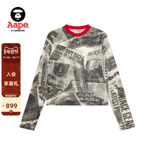 Aape旗舰店女装春夏猿人小标徽章复古旧报纸风长袖T恤1920XXQ