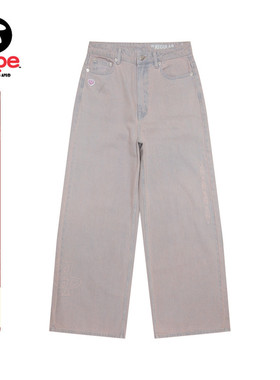 Aape旗舰店女装25春夏爱心猿人徽章复古水洗牛仔阔腿裤C610XXO