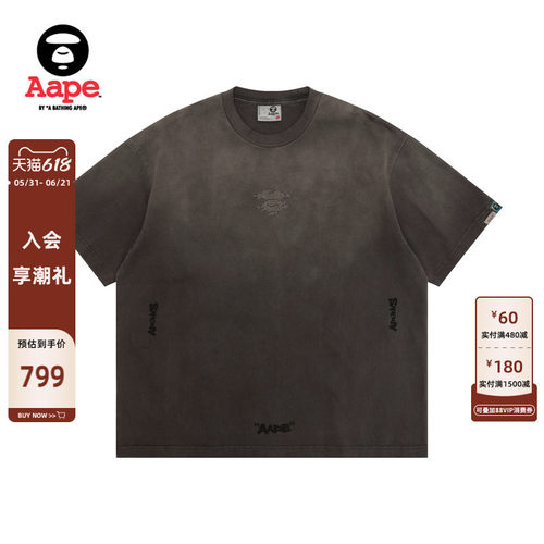 Aape字母刺绣点阵猿人做旧T恤