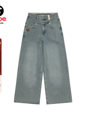 Aape旗舰店女装春夏心型猿人小熊徽章水洗阔腿牛仔长裤D619XXQ