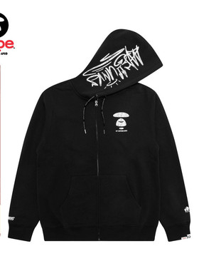 Aape旗舰店男装秋冬猿人字母裂纹潮流红色连帽卫衣外套D314XXP