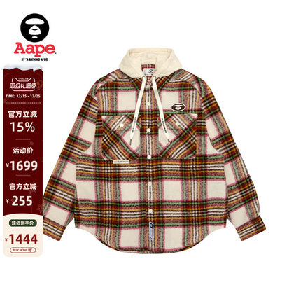 Aape旗舰店男装秋冬可拆卸帽格纹翻领潮流长袖衬衫外套8549XXP
