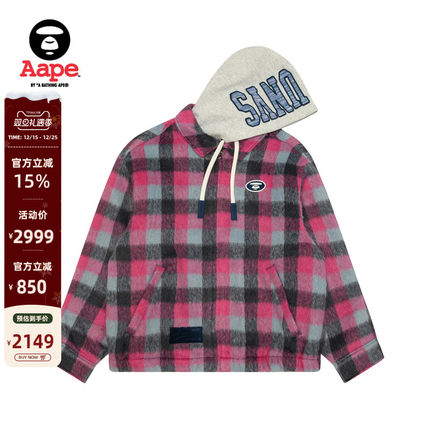 Aape旗舰店男装秋冬可拆卸帽撞色潮流格纹红色夹克外套7743XXP