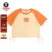 短袖 Aape旗舰店女装 春夏字母刺绣蝴蝶结抽绳绑带短款 T恤1918XXQ