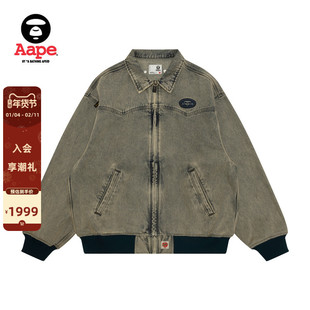 Aape旗舰店男装春夏字母刺绣做旧美式复古拉链薄牛仔外套7706XXQ