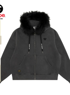 Aape旗舰店男装秋冬可拆卸毛领复古水洗做旧薄绒卫衣外套D307XXP