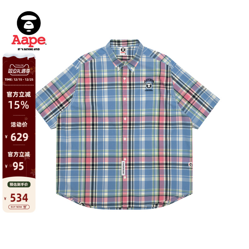 Aape徽章格纹休闲宽松短袖衬衫