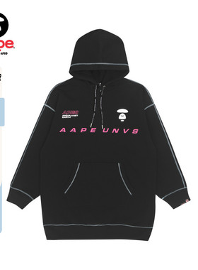 Aape旗舰店女装秋冬撞色字母印花加绒长款连帽卫衣连衣裙8392XXH