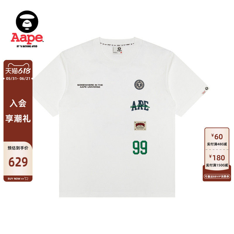 Aape旗舰店男装春夏字母数字刺绣猿人徽章潮流短袖T恤1850XXQ