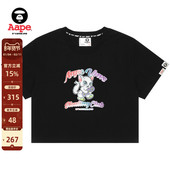 Aape女装 T恤1508XXM 短袖 春夏滑板小猫彩虹闪粉字母印花短款 修身