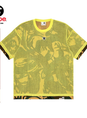 Aape旗舰男装春夏迷彩猿人刺绣字母印花网格拼接短袖T恤1479XAM