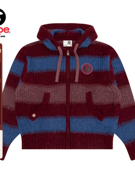 Aape旗舰店女装秋冬猿人徽章复古条纹红色连帽针织外套D340XXP