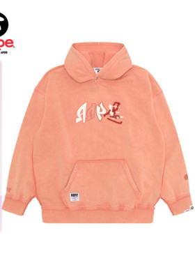 Aape旗舰店女装秋冬字母刺绣复古水洗做旧薄绒连帽卫衣D331XXP