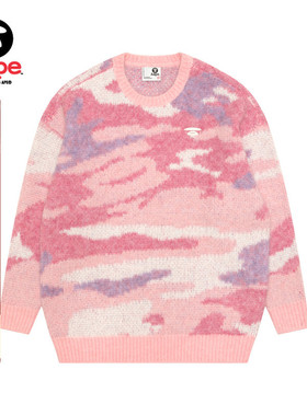 Aape旗舰店女装秋冬猿人刺绣迷彩提花潮流宽松圆领针织衫D337XAP