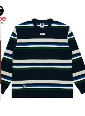 Aape旗舰店男装春秋猿人徽章字母刺绣条纹长袖T恤1542XAN