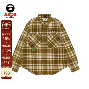 Aape旗舰店男装秋冬猿人徽章绒面复古格纹红色长袖衬衫8548XXP