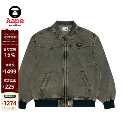Aape旗舰店男装25春夏猿人徽章水洗做旧复古牛仔夹克外套7706XAO