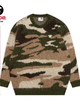 Aape旗舰店女装秋冬猿人刺绣迷彩提花潮流宽松圆领针织衫D337XXP
