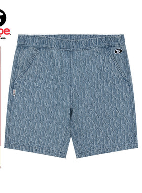 Aape男装春夏猿人刺绣满身字母提花潮流牛仔宽松休闲短裤B616XXM
