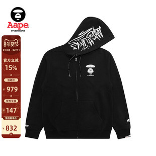 Aape旗舰店男装秋冬猿人字母裂纹潮流红色连帽卫衣外套D314XXP
