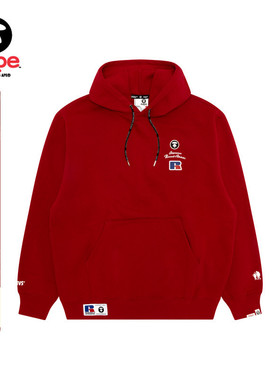 Aape联名RUSSELL男装秋冬经典徽章美式红色薄绒连帽卫衣9783XXP