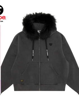 Aape旗舰店男装秋冬可拆卸毛领复古水洗做旧薄绒卫衣外套D307XXP